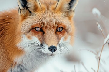 Fototapeta premium A close-up of a red fox hunting in a snowy field, its bright fur contrasting with the white surroundings. 