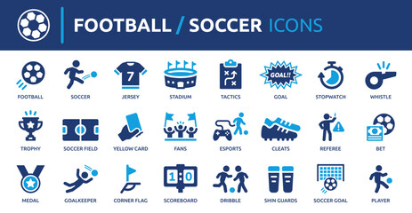 Football and soccer icon set. Containing jersey, soccer field, stadium, referee, goal, trophy, dribble, player and more. Solid vector icons collection. © Icons-Studio