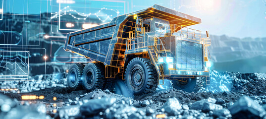 A dump truck is working in a mine, with a digital twin overlay showing data visualizations and graphs