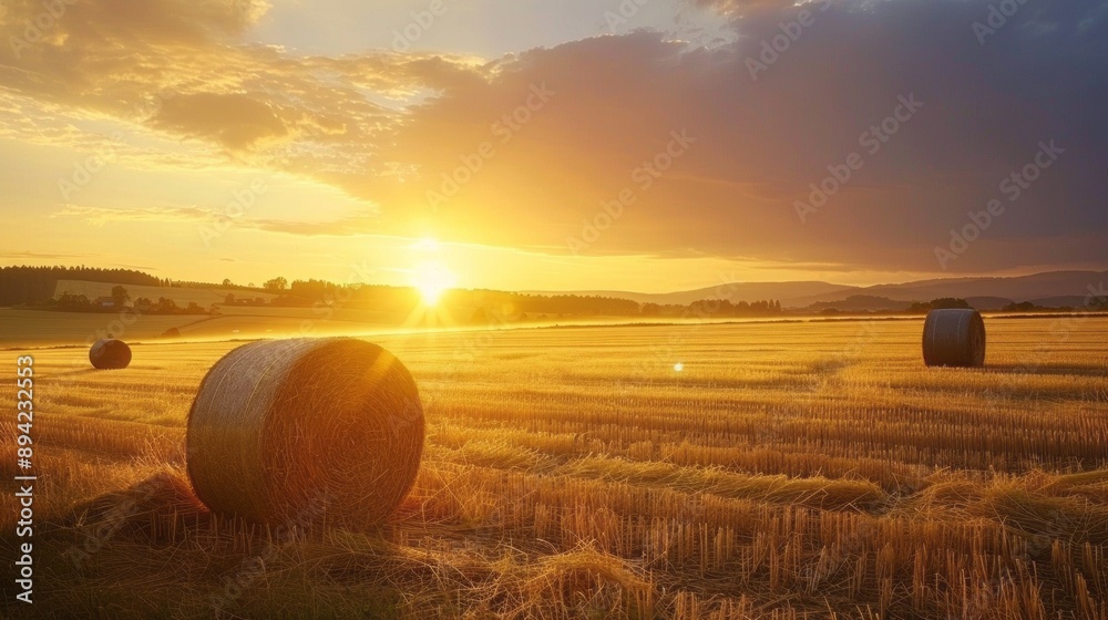 Aufkleber a field of hay bales with the sun setting in the background