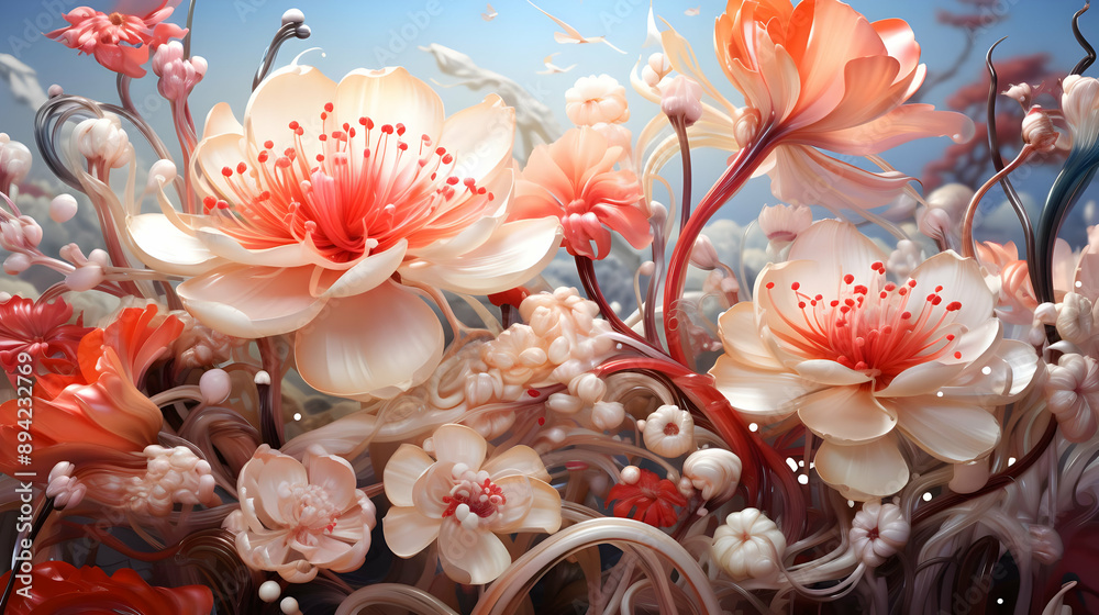 Poster Floral Fantasy: 3D Render of Whimsical Flower Arrangement