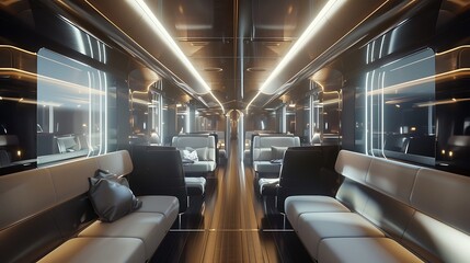 Fototapeta premium Modern Luxury Train Interior with White Leather Seats and Sleek Design