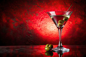 Luxurious red background sets the tone for romance with an elegant, stemless martini glass, garnished with an olive, filled with a crystal-clear, icy cocktail.