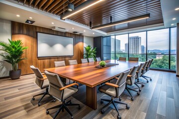 Fototapeta premium Modern corporate event space featuring sleek vacant chairs surrounding polished wooden table, flooded with natural light, and equipped with a massive projector screen.