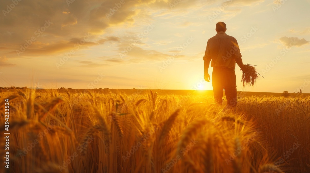 Poster a man is walking through a field of wheat on a sunny day