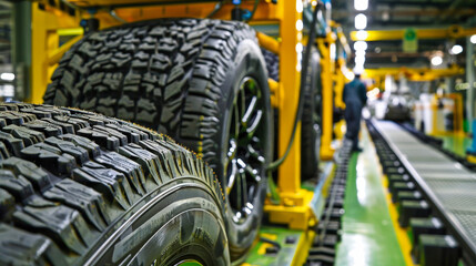 Fototapeta premium New tires on a production line move through the factory. A worker oversees the process as the tires roll forward