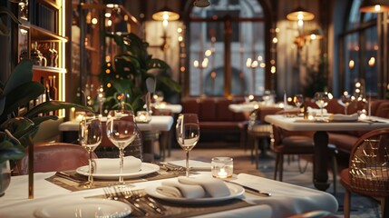 The chic restaurant has elegant tables with polished cutlery, linens, and soft lighting for a warm atmosphere.