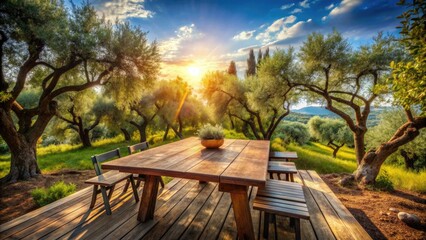 Fototapeta premium Rustic wooden table set amidst thriving olive trees, natural hues of wood and lush foliage blend harmoniously under a serene, sun-drenched Mediterranean sky.