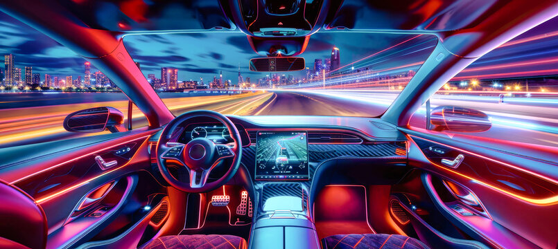 An electric car hurtles down a brightly lit highway at night, with the driver's view showing a futuristic dashboard and a neon cityscape in the distance