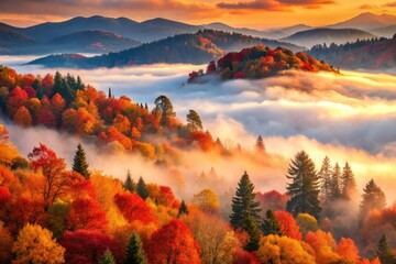 Vibrant autumn foliage blankets a misty mountain landscape at dawn, warm golden light filtering through eerie fog, highlighting fiery red and orange tree silhouettes.