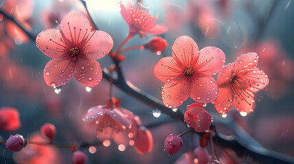 Pink Flowers with Dew Drops