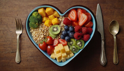 A vibrant photo showcasing a heartshaped bowl filled with nutritious diet foods, including fresh fruits, vegetables, and whole grains, promoting heart health and cardiovascular wellness 