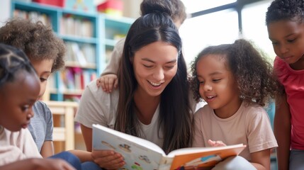 Elementary School female smiling Teacher and Diverse Group of Children Engaged in a Fun and Educational Reading Session