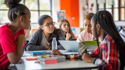 Teenagers work together on a computer science assignment in a classroom, highlighting the importance of teamwork and technology in modern education as they share ideas and troubleshoot code