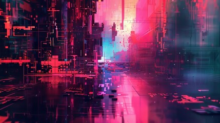 Fototapeta premium A futuristic cityscape rendered in vibrant neon colors and abstract shapes