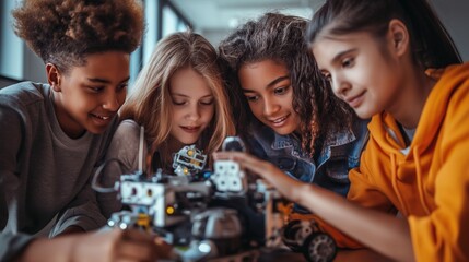 Multicultural young students in building a robot, the excitement and educational value of STEM programs in schools. The diverse group embodies the innovative nature of modern science education