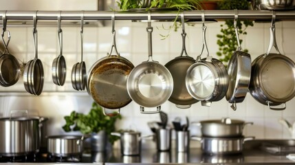 A row of stainless steel pots and pans hanging from a rack in a kitchen