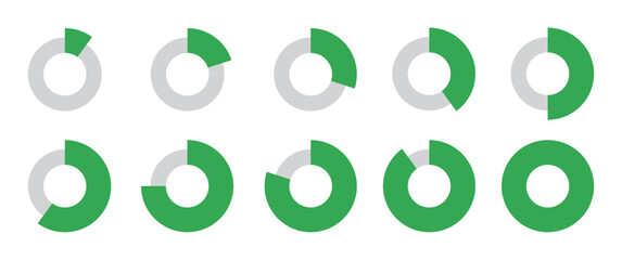 0 to 100 Infographic divided circles set in green and grey color horizontal thin and thick circles new style. Circle loading or circle progress collection with 0 10 20 30 40 50 60 70 80 90 100 percent