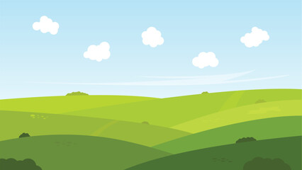 nature landscape scenery cartoon background with green field and blue sky with white fluffy cloud