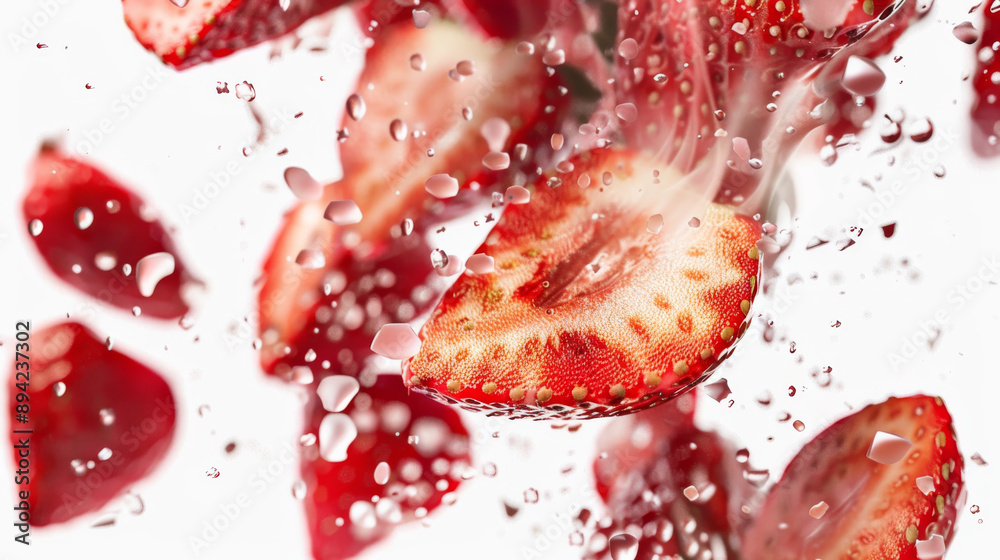 Wall mural Animated PNG image of sliced strawberries falling in front of a white background.