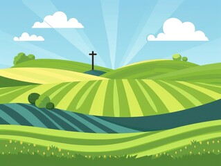 Obraz premium Peaceful Pastoral Landscape Featuring a Cross Amidst Rolling Hills