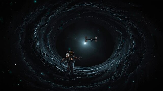 The video shows a lone astronaut in a dark, swirling space environment, facing a bright light source.