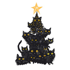 Black Cats Christmas Tree. Christmas black cat. Cute cartoon character. isolated Flat vector illustration. Holiday kitten. Pyramid of xmas tree cats.