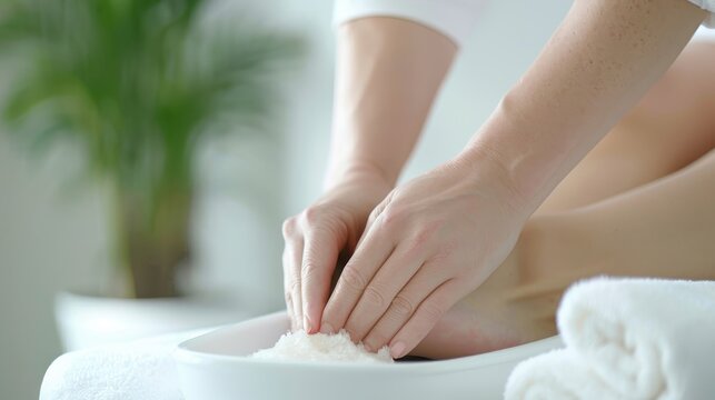 A therapist's hands massaging a client's feet, stimulating reflex points.