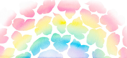 カラフルな花のシルエットでかたどった虹の背景イラスト。水彩絵の具で描いたイラスト。