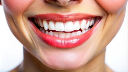 A bright and healthy smile fills the frame, perfectly aligned white teeth gleam against a pristine white background, ideal for oral care and hygiene promotions.
