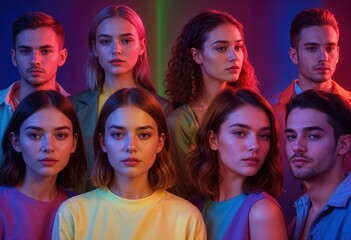 Fototapeta premium Diverse group of young adults with neon background, highlighting cultural inclusivity and modern fashion. 