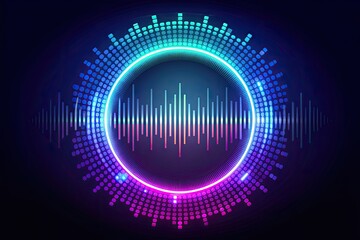 Circular audio equalizer symbol, sound wave vector icon, isolated on dark background, featuring abstract digital wave of circle line particles, conveying futuristic modern technology.
