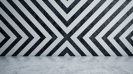 Abstract modern interior with black and white geometric wall pattern and concrete floor. Minimalist design ideal for backgrounds.