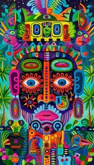 A vibrant abstract portrait of a face surrounded by tropical motifs