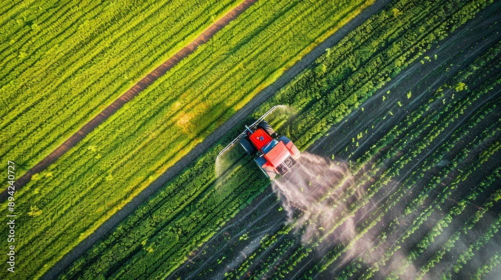 Poster a red tractor is spraying a field with a white substance