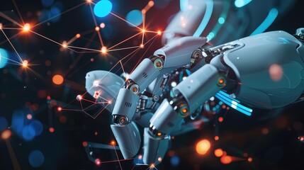 Futuristic Robotic Hand Interacting with Digital Network