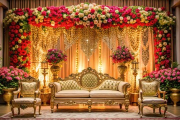 Elegant wedding ceremony stage decoration featuring luxurious traditional Indian Pakistani style sofa adorned with vibrant flowers and intricate gold accents against a lavish backdrop.