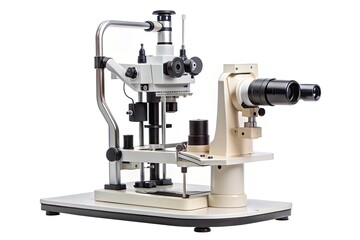 Fototapeta premium A modern slit lamp biomicroscope with a chin rest and adjustable arm, isolated on a white background, ready for an eye examination procedure.