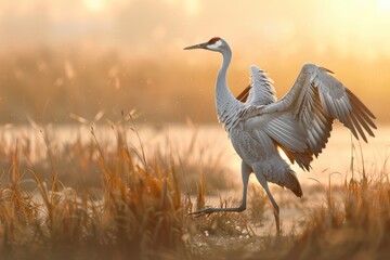 A dynamic shot of a common crane dancing in a marshland during mating season.