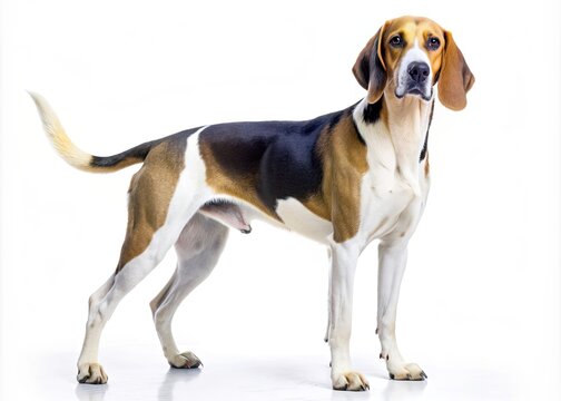 A majestic treeing walker coonhound dog stands proudly against a crisp white background, showcasing its distinctive tri-colored coat and floppy ears in sharp detail.