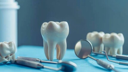 Photography of Dentistry concept. Model of a tooth and dental instruments on a blue background