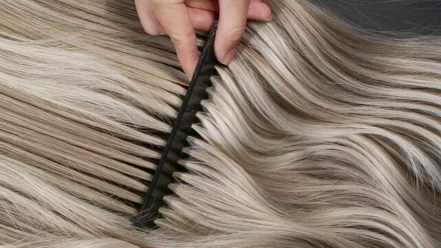 Closeup blond hair texture, slow motion of female hand combing long curly hair