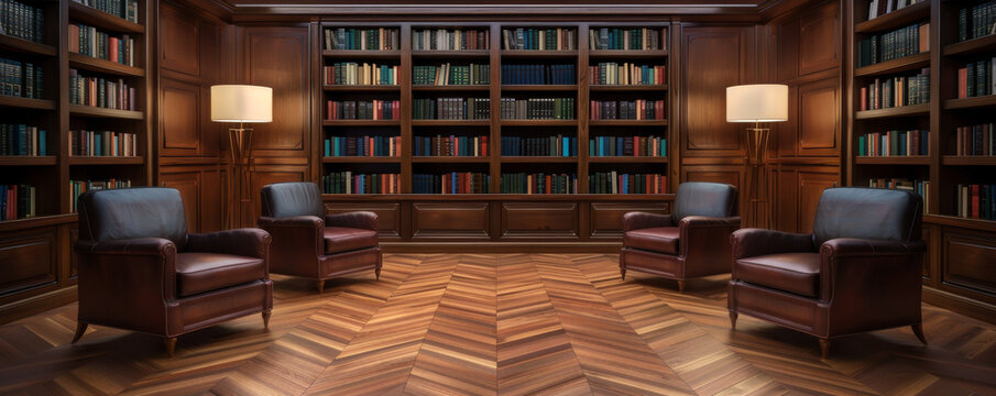Elegant library with wooden bookshelves, leather armchairs, and warm lighting, ideal for reading and relaxation.