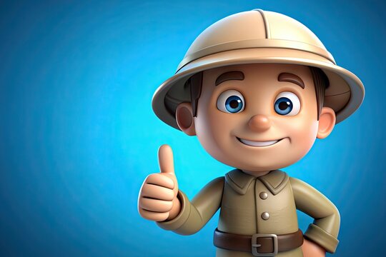 Whimsical 3D cartoon explorer, donning a pith helmet and giving a enthusiastic thumbs up, stands alone against a bright blue background with a friendly smile.