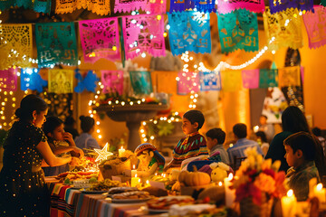 A vibrant and festive Mexican Christmas posada with colorful decorations