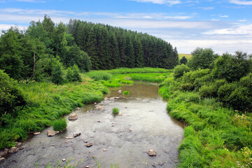 River Landscape at Illinkoski Rapids, Uskelanjoki, Salo, Finland on a beautiful day of July.