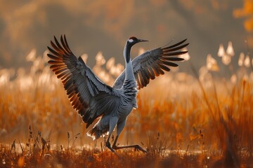 Fototapeta premium A dynamic shot of a common crane dancing in a marshland during mating season.