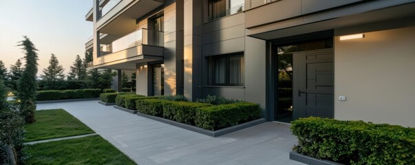 Modern apartment building with green landscaping and a walkway.