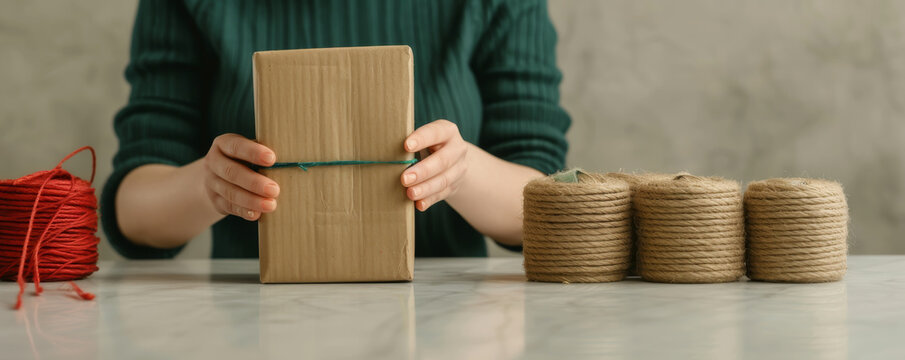 Person wrapping a parcel with brown paper and twine at a table. Craft supplies include red string and rolls of brown twine.