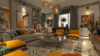 Stylish Modern Living Room with Vibrant Decor and Artful Touches